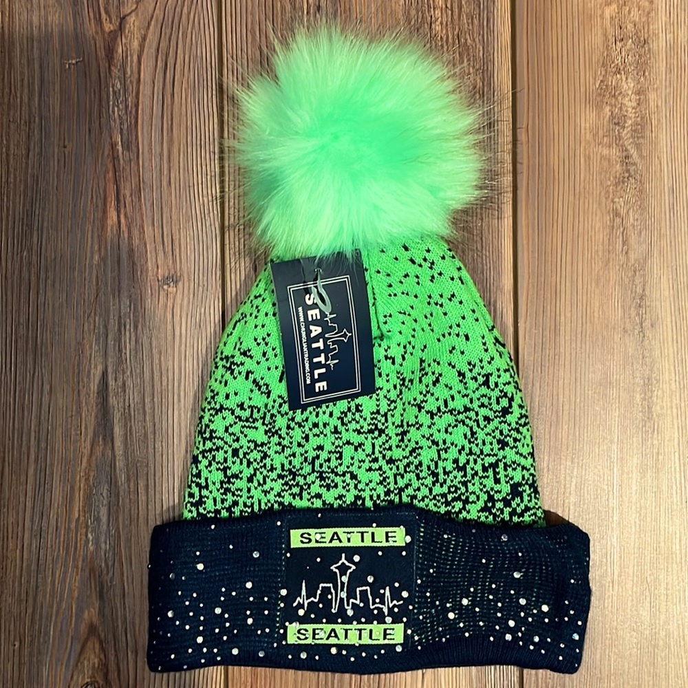 Seattle Seahawks PomPom Cuffed Beanie With Sparkles